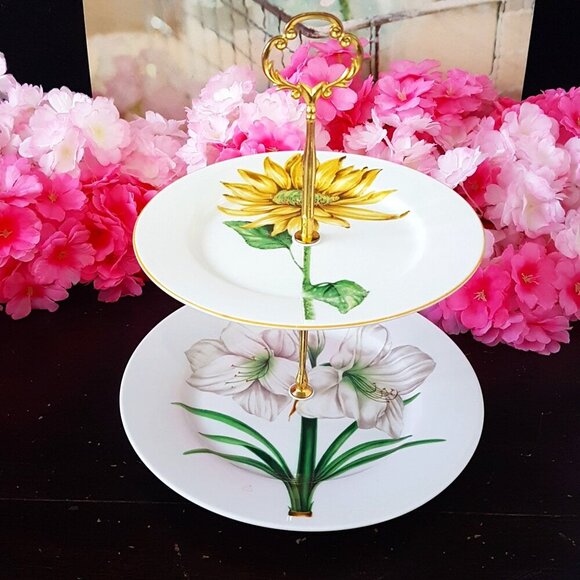 Handmade 2 Tier Dessert Stand Floral Jewelry Trinket Tray Tea Party Shabby Chic - Picture 1 of 5